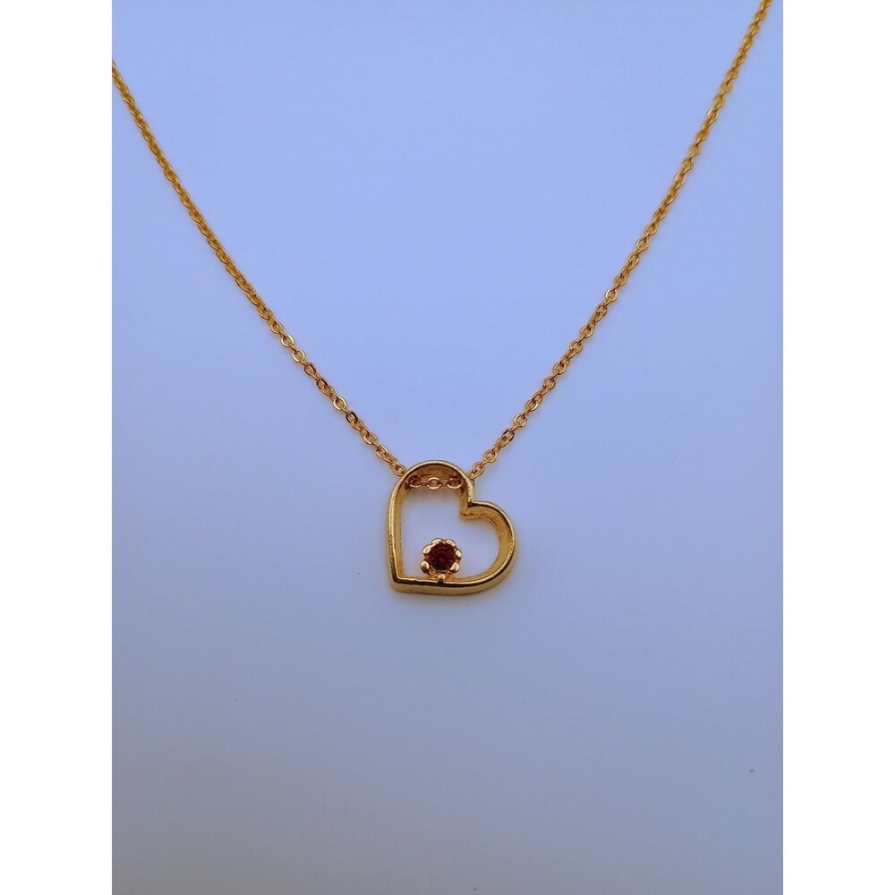 Vintage Elegant Gold Toned Dark Red Ruby Heart Pendant Necklace